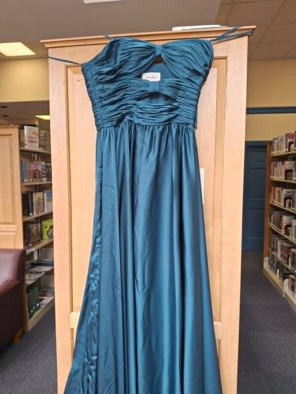 Teal green Floor-length satin gown prom dress